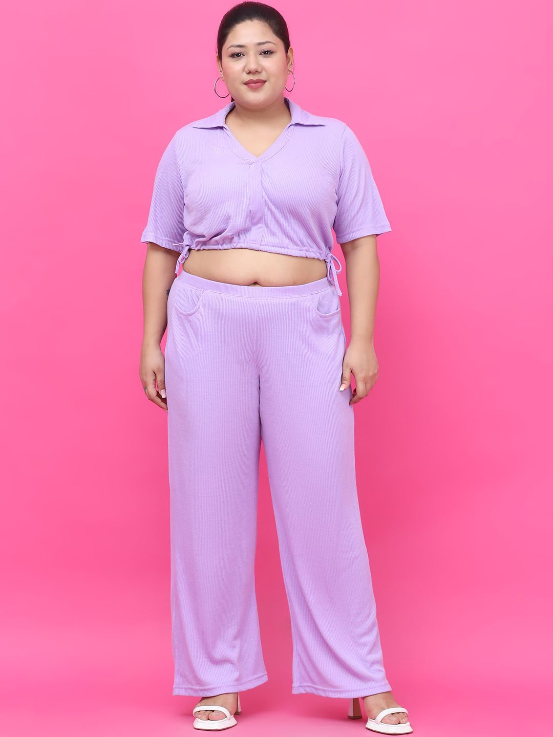 

theRebelinme Plus Size Self Design Pure Cotton Crop Top And Trousers, Lavender