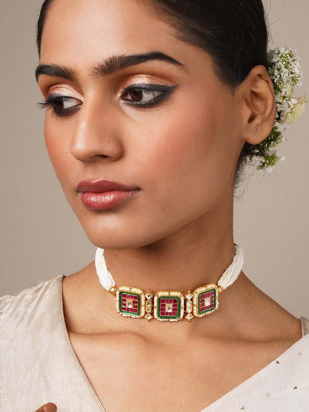

JAYPORE Stone Studded & Beaded Choker Necklace, Gold