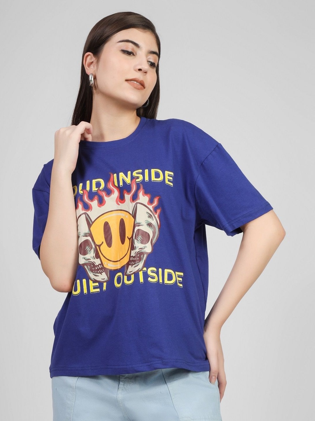 

FILLY Women Graphic Printed Round Neck Cotton Oversized T-shirt, Blue
