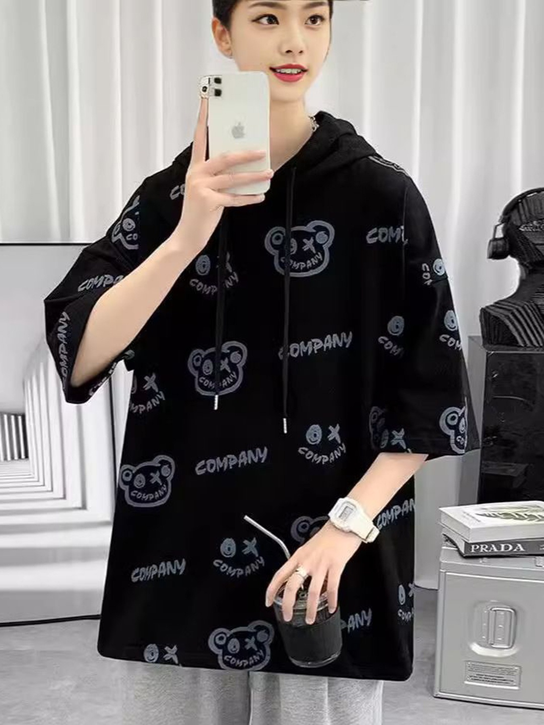 

StyleCast Men Conversational Printed Hood Oversized T-shirt, Black