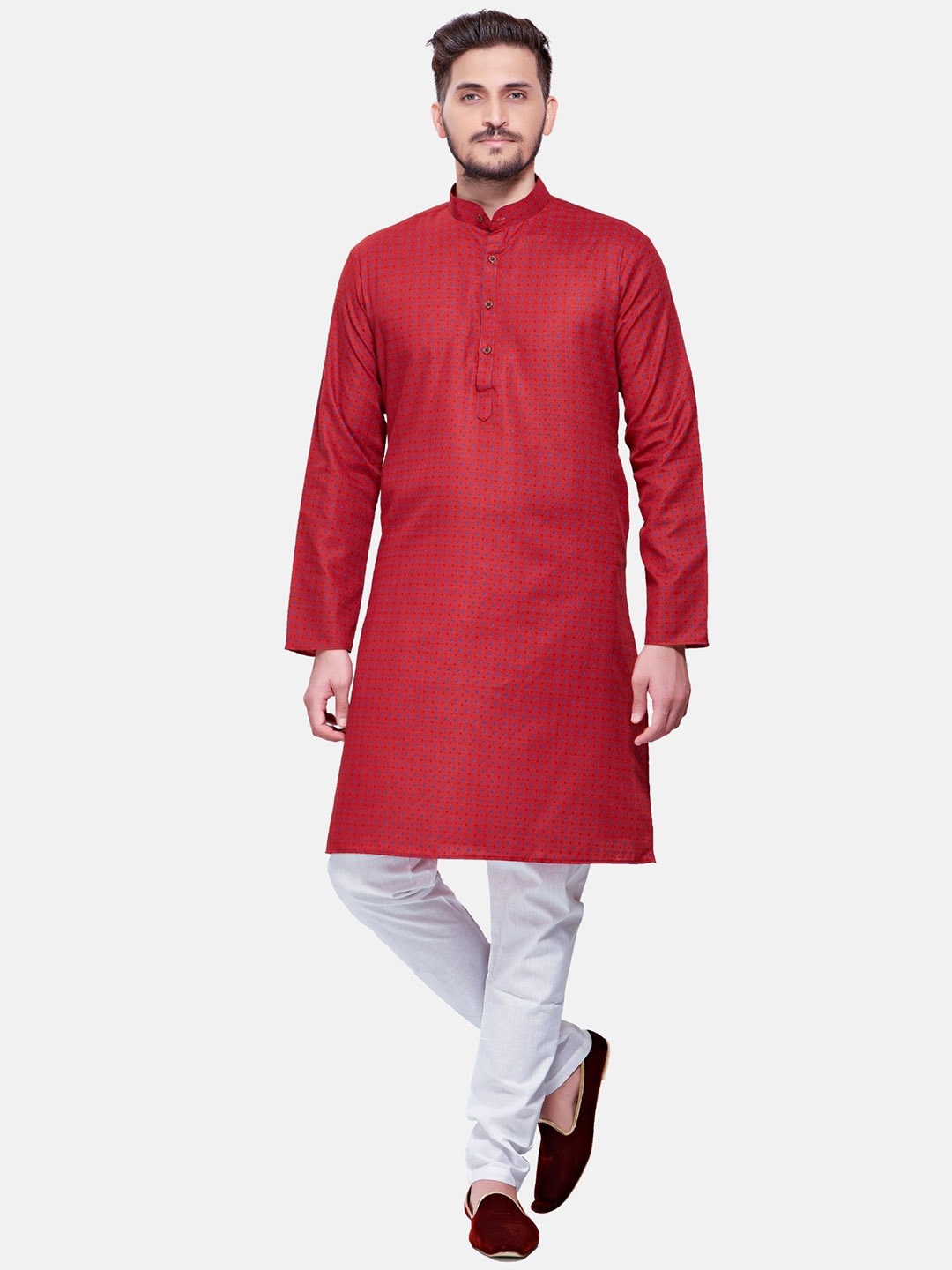 

ENCINO Polka Dots Printed Band Collar Cotton Kurta, Red