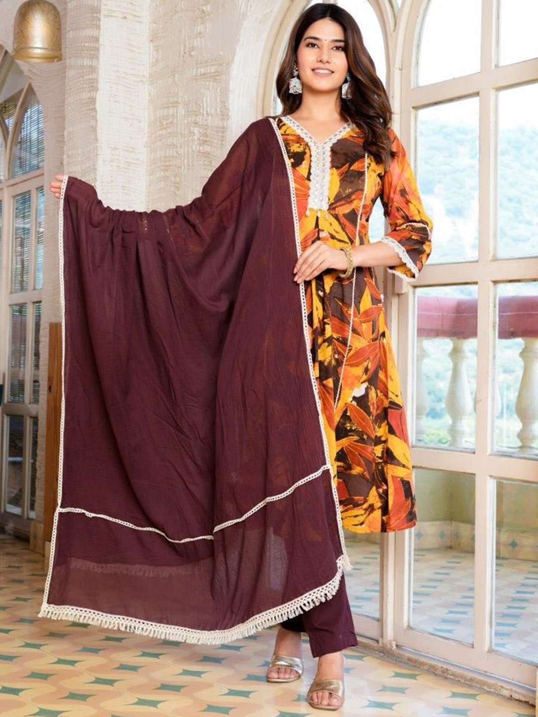 

ZOYOTO Women Floral Printed Regular Thread Work Pure Cotton Kurta with Trousers & With Dupatta, Brown