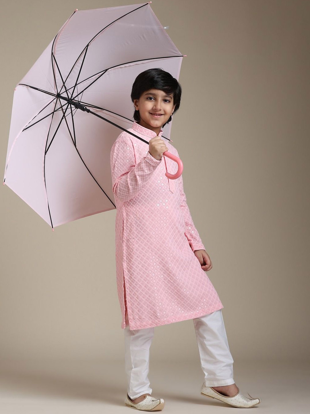 

Manyavar Boys Geometric Embroidered Chikankari Straight Kurta with Trouser, Pink