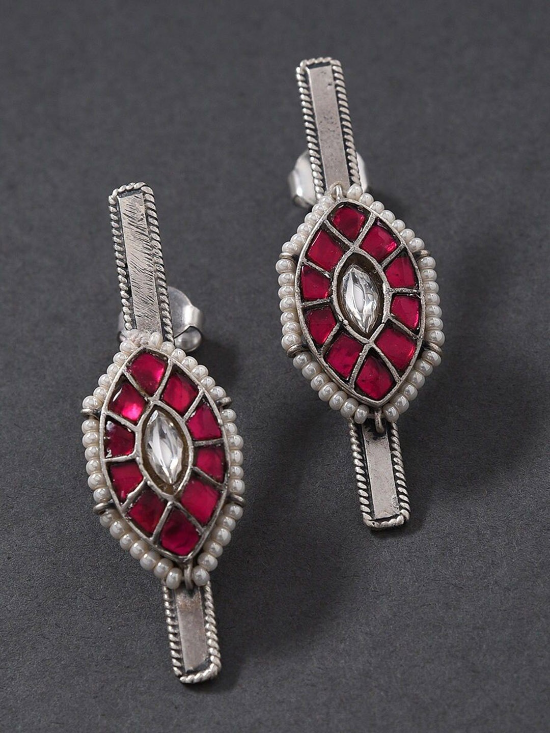 

JAYPORE Silver Stone Studded Contemporary Drop Earrings