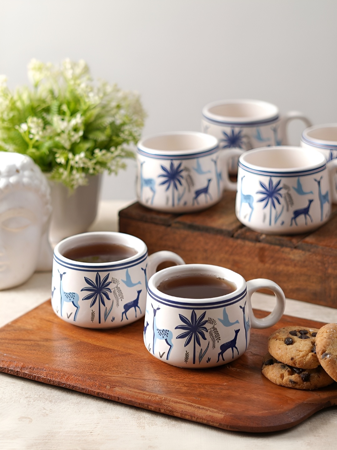 

CDI White & Blue 6 Pieces Printed Ceramic Glossy Cups and Mugs