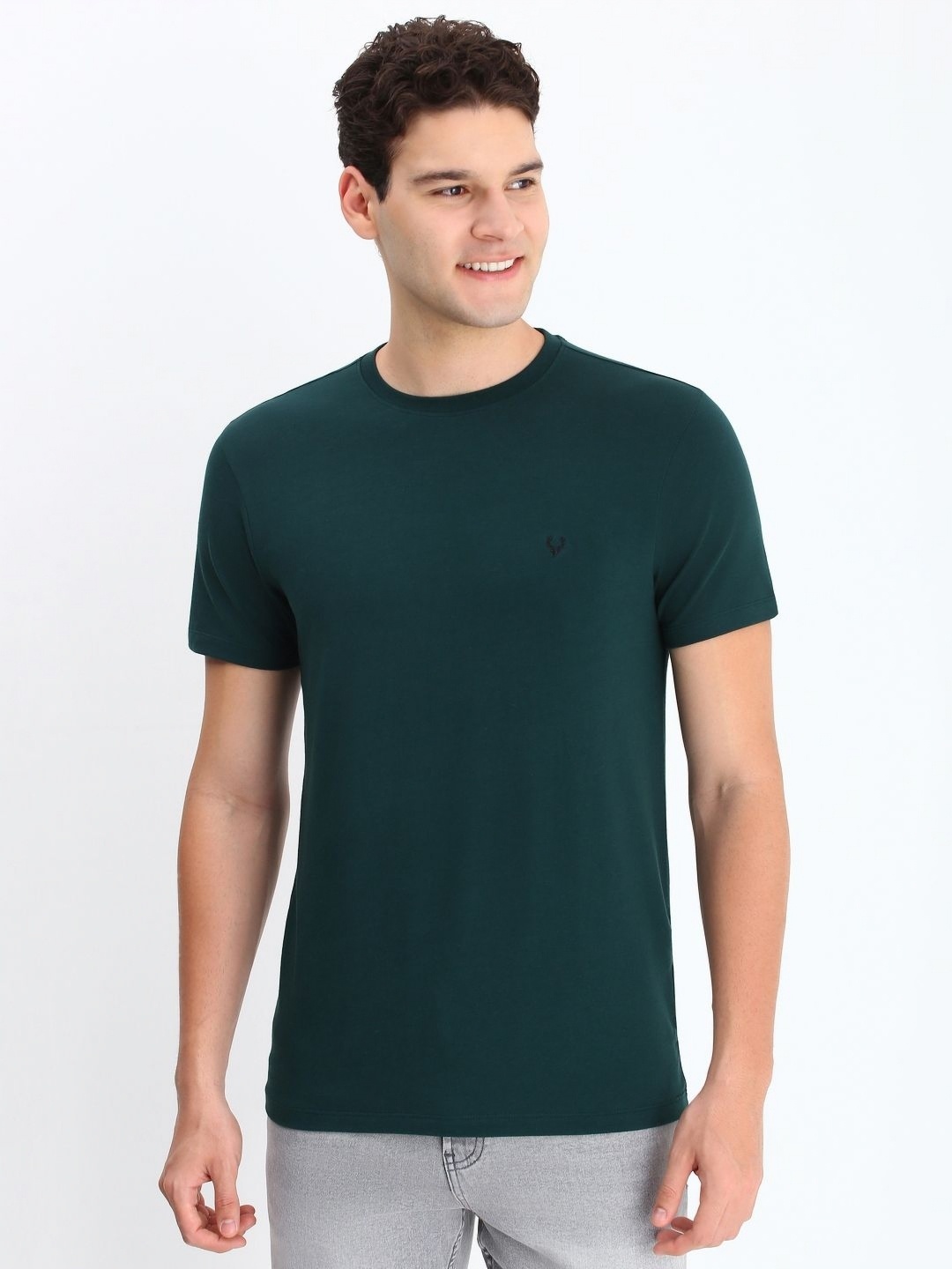 

Allen Solly Men Solid Round Neck Cotton Slim Fit T-shirt, Green