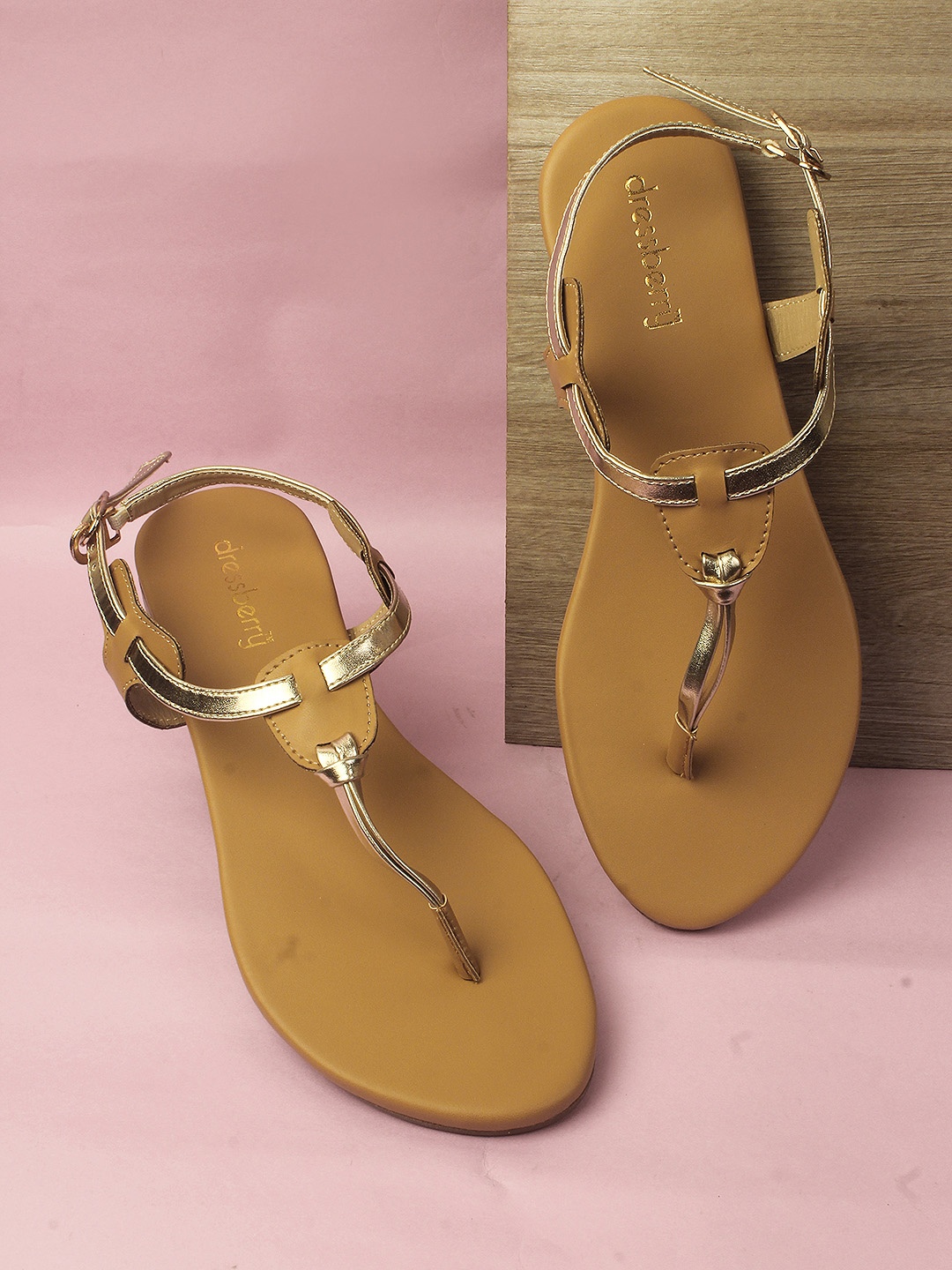 

DressBerry Women T-Strap Flats with Buckles, Camel brown
