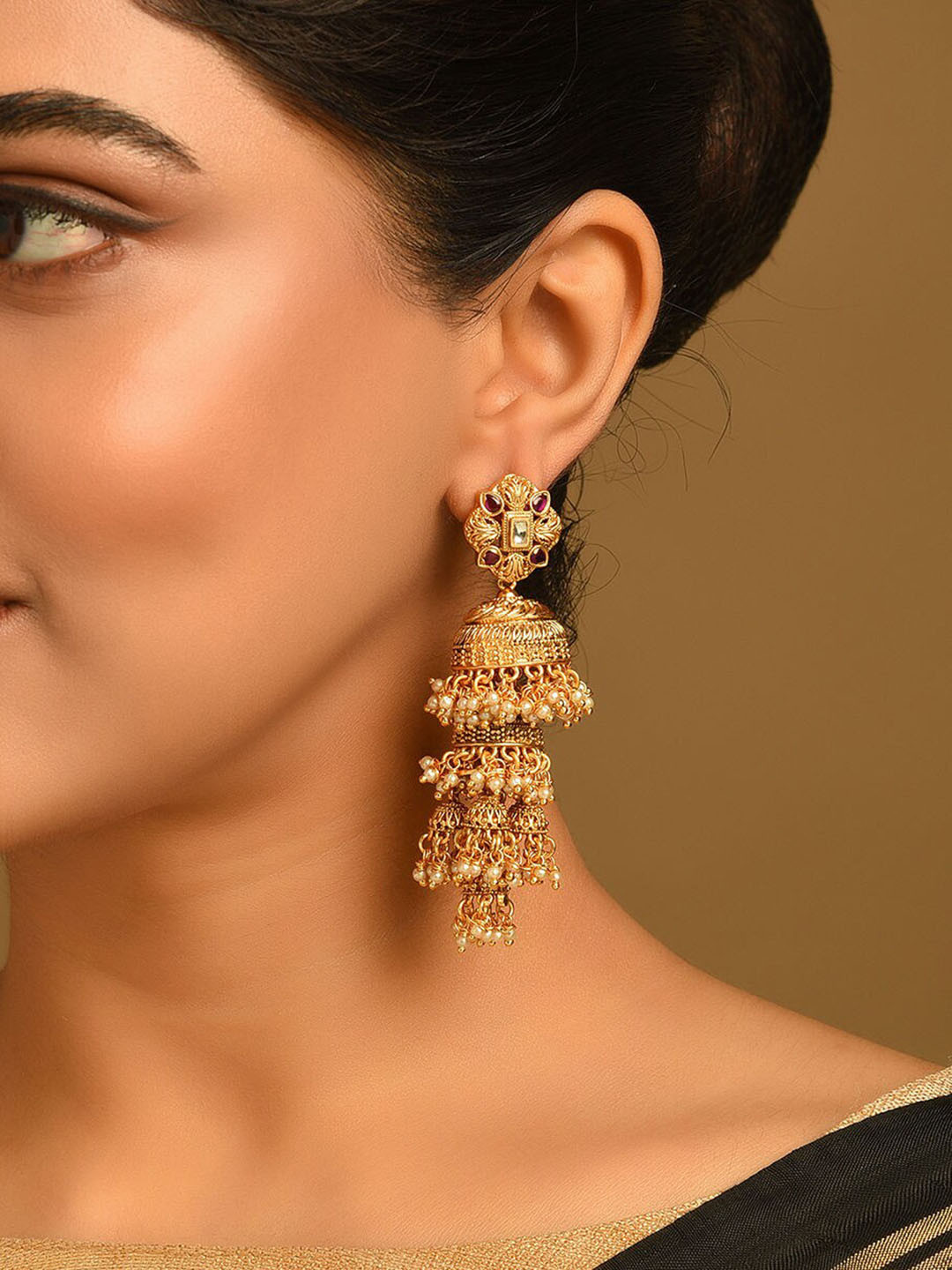 

JAYPORE Contemporary Stone Stud Drop Earrings, Gold