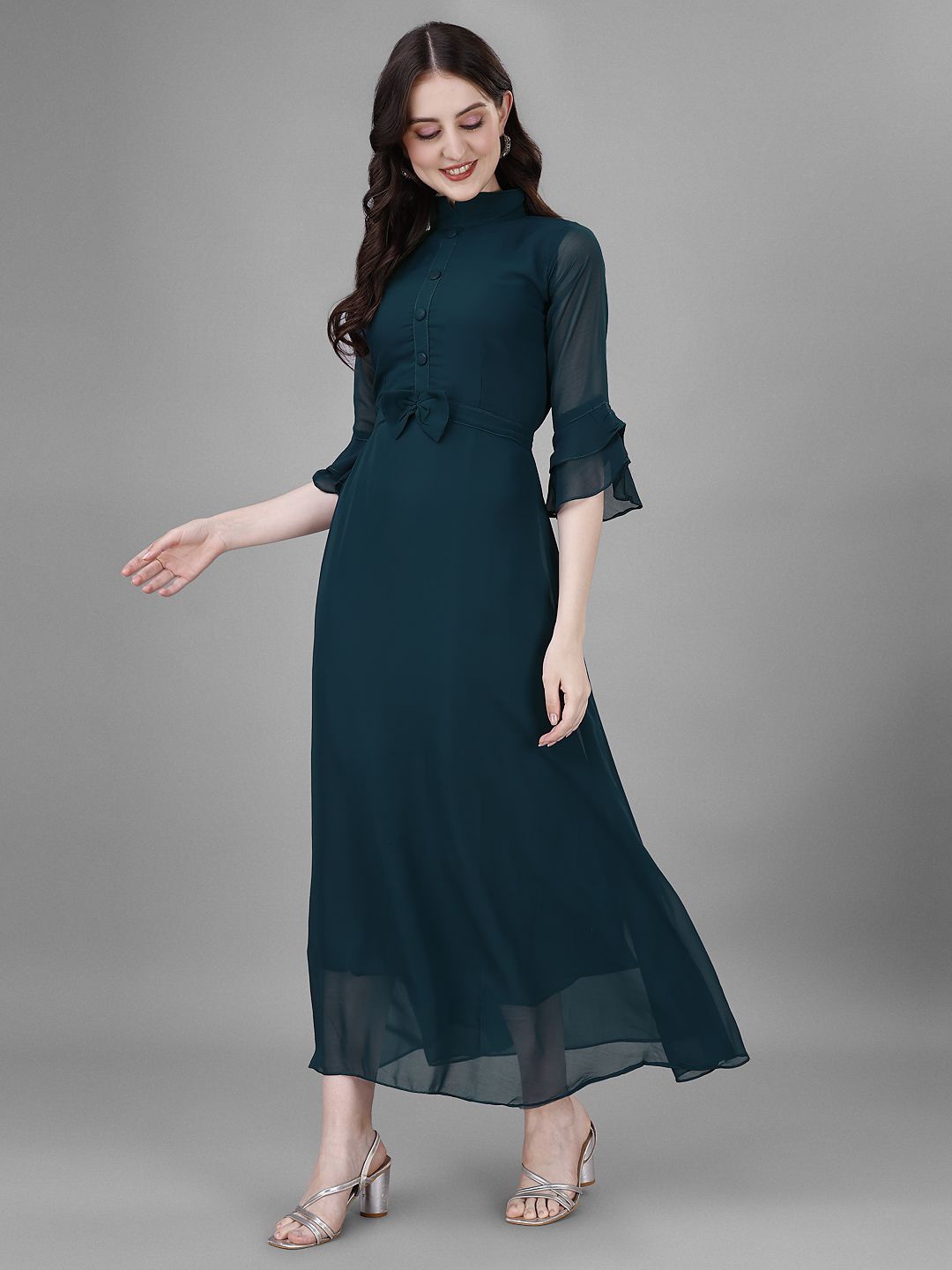 

Krunal Raiyani Belll Sleeve Georgette A-Line Maxi Dress With A Belt, Teal