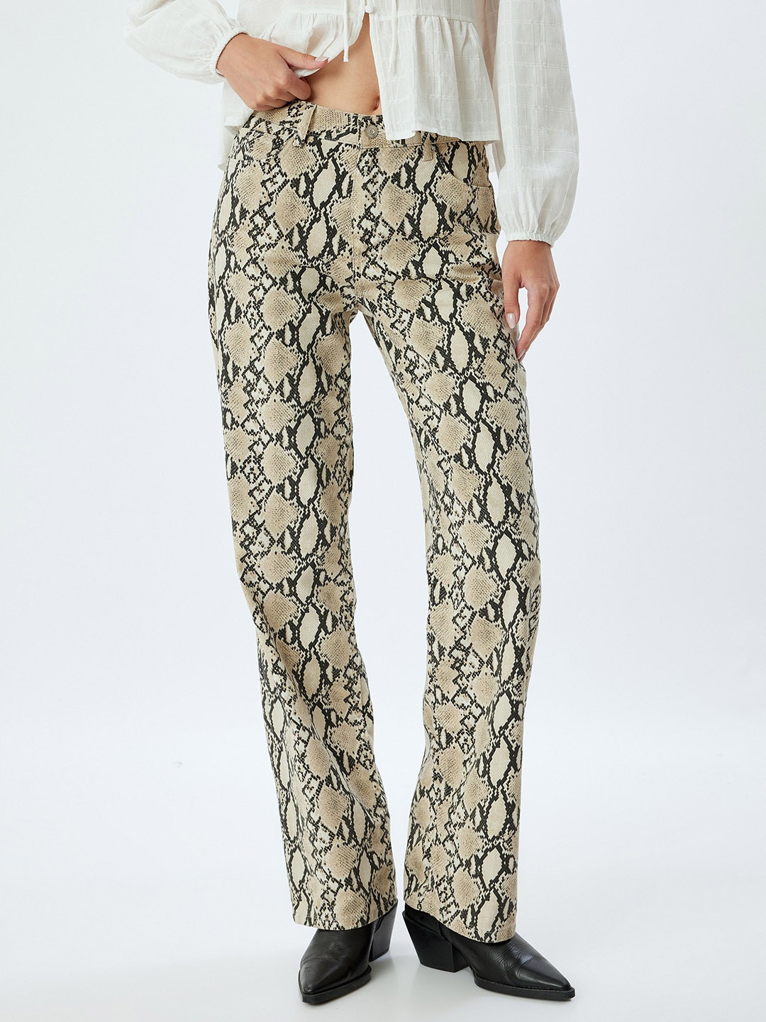 

Koton Women Animal Printed Straight Fit Trousers, Beige