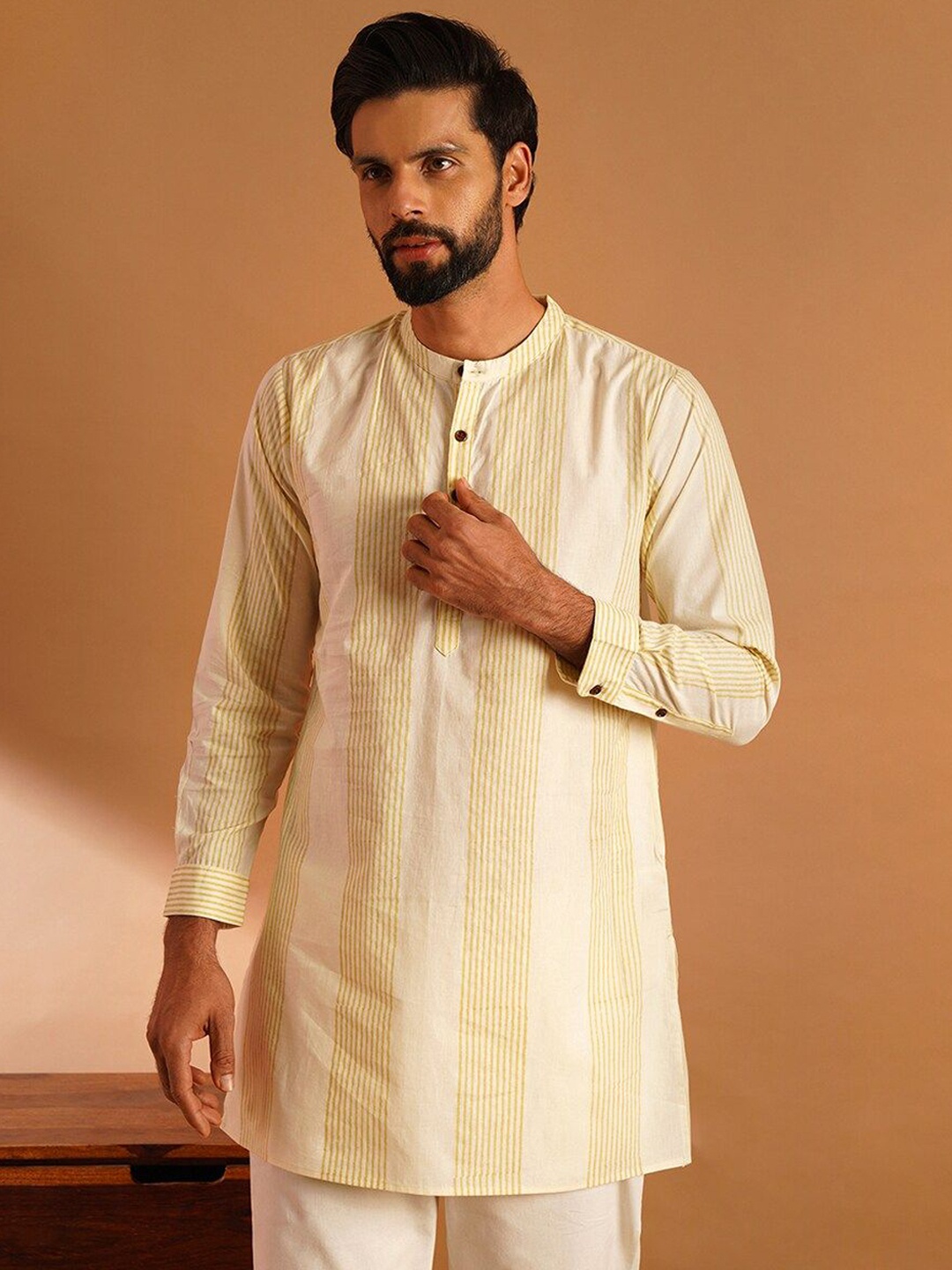 

JAYPORE Striped Band Collar Pure Cotton Straight Kurta, Off white