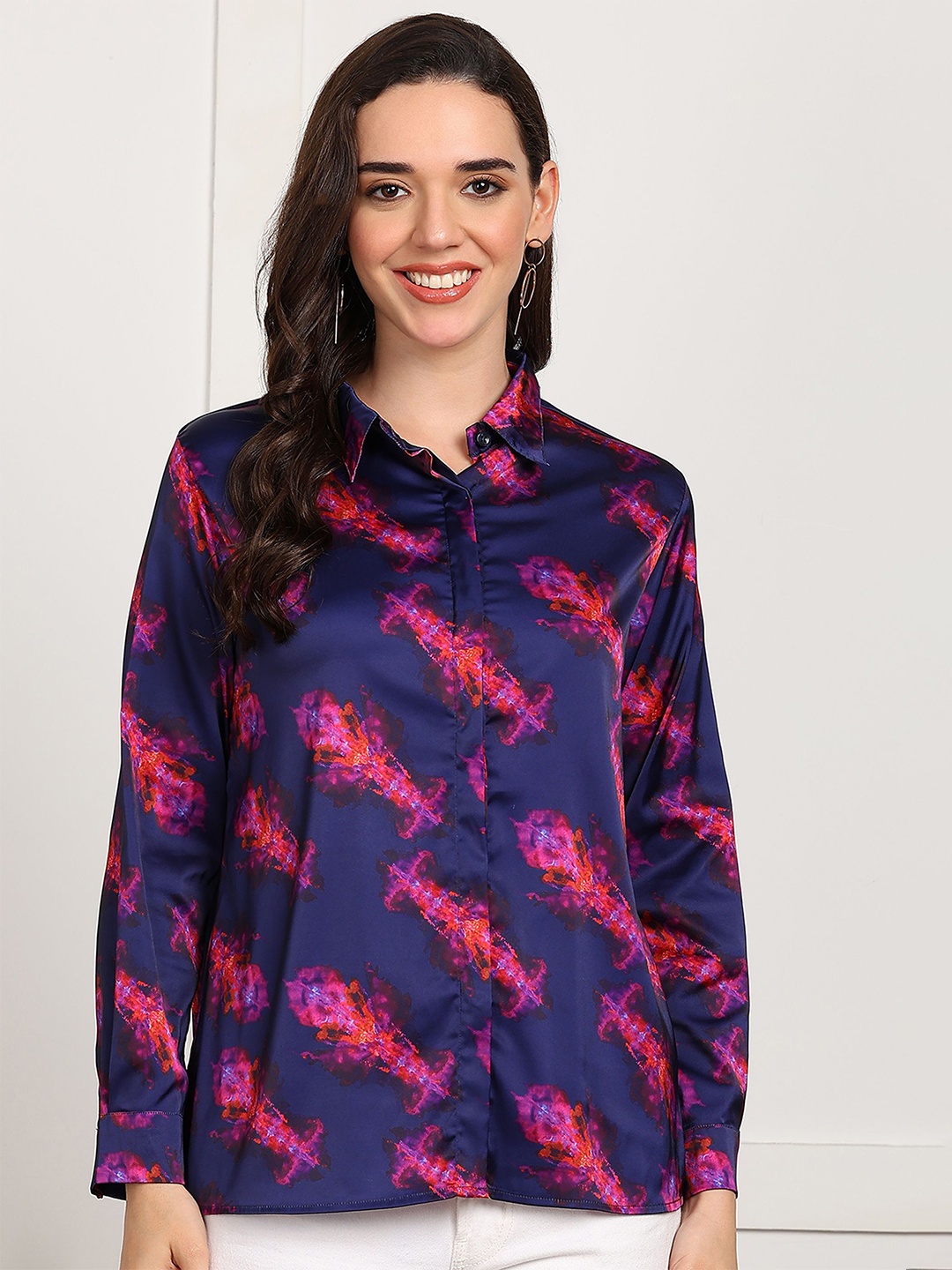 

Murcia Women Classic Spread Collar Conversational Printed Satin Casual Shirt, Navy blue