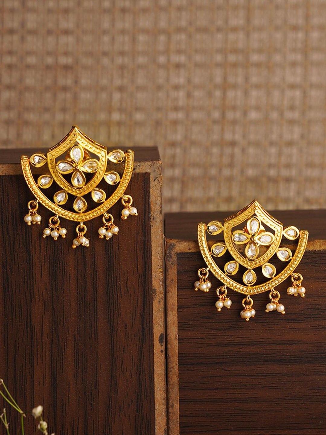 

JAYPORE Stone Studded Contemporary Drop Earrings, Gold