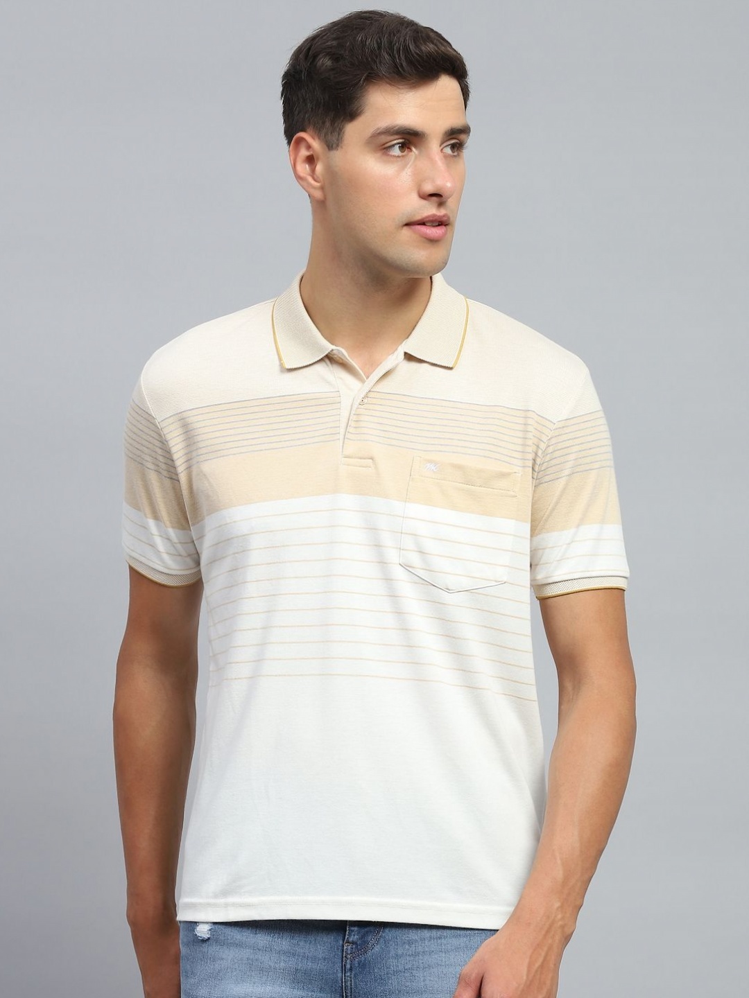 

Monte Carlo Men Striped Polo Collar Cotton T-shirt, Beige