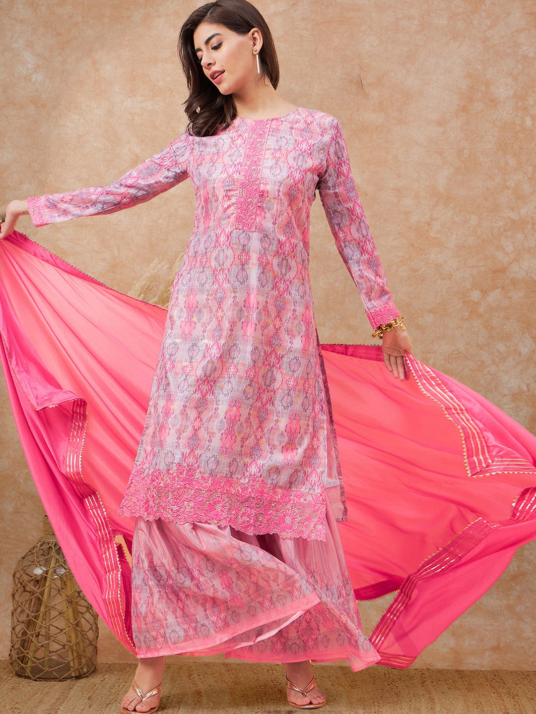 

Sangria Pink Abstract Printed Thread Work Jacquard Weave Kurta With Sharara & Dupatta