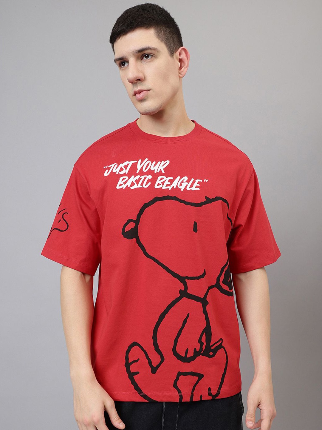 

Free Authority Men Peanuts Graphic Printed Round Neck Cotton Oversized T-shirt, Red