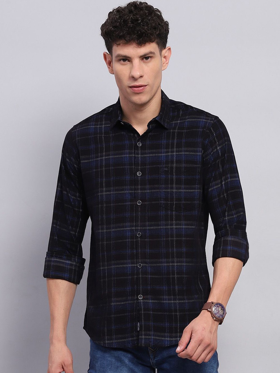 

Monte Carlo Men Spread Collar Tartan Checked Cotton Casual Shirt, Black