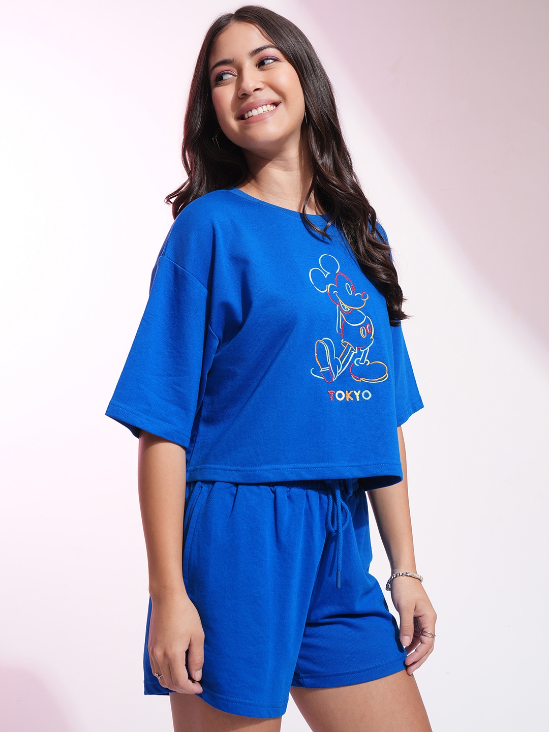 

Tokyo Talkies Disney Women Mickey Mouse Embroidered Tshirt & Short Set, Blue