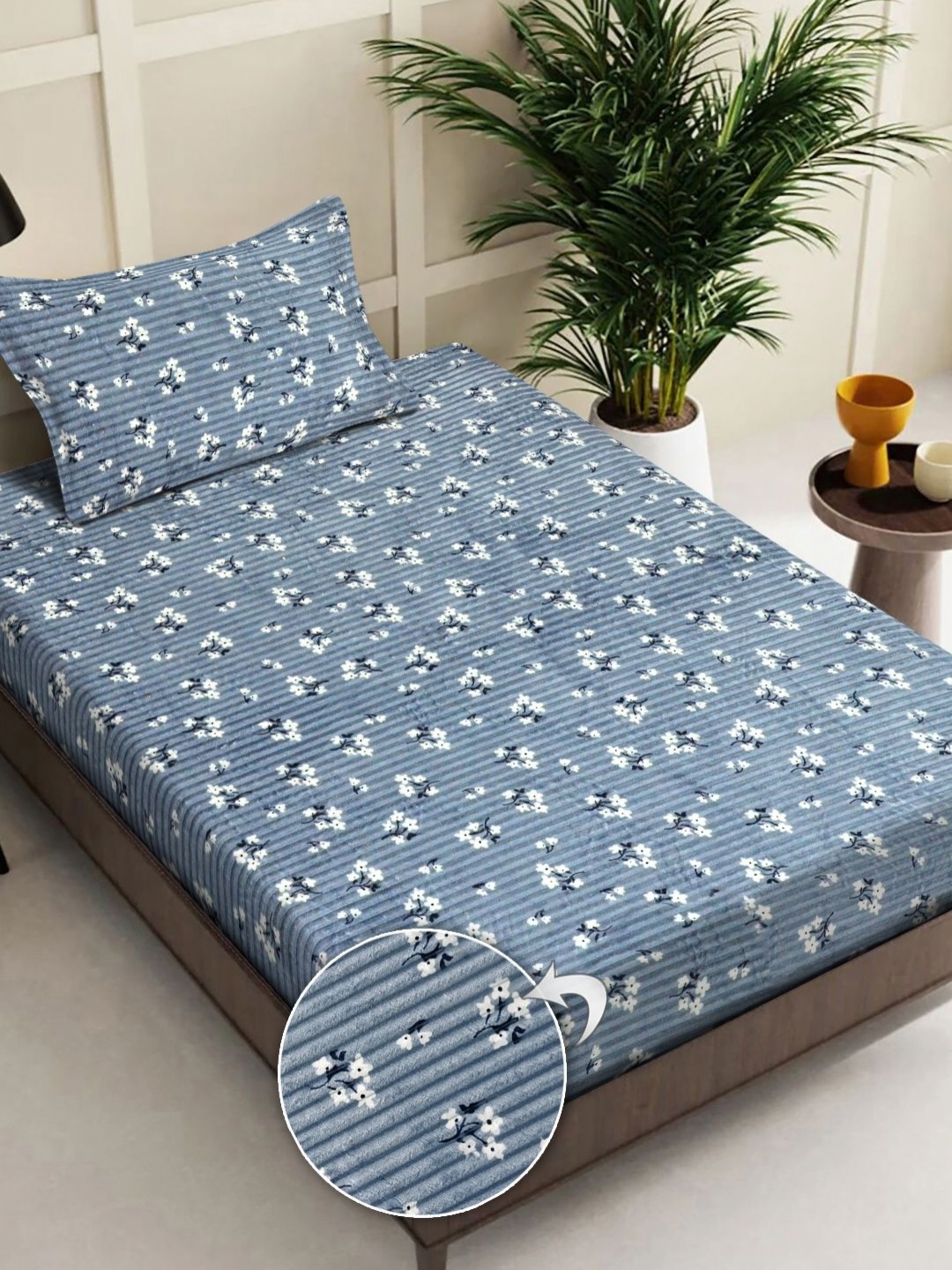 

FABINALIV Blue & White Floral 300 TC Single Bedsheet with 1 Pillow Covers 2.20 x 1.50 Mts