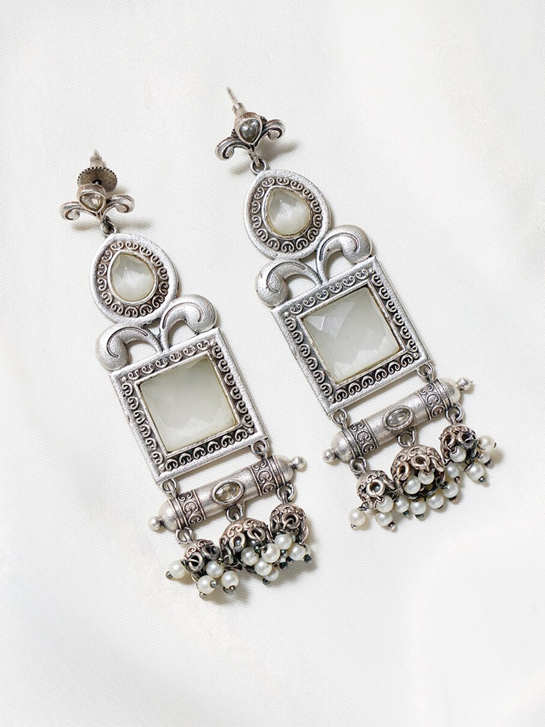 

JAYPORE Contemporary Stones Stud Drop Earrings, Silver