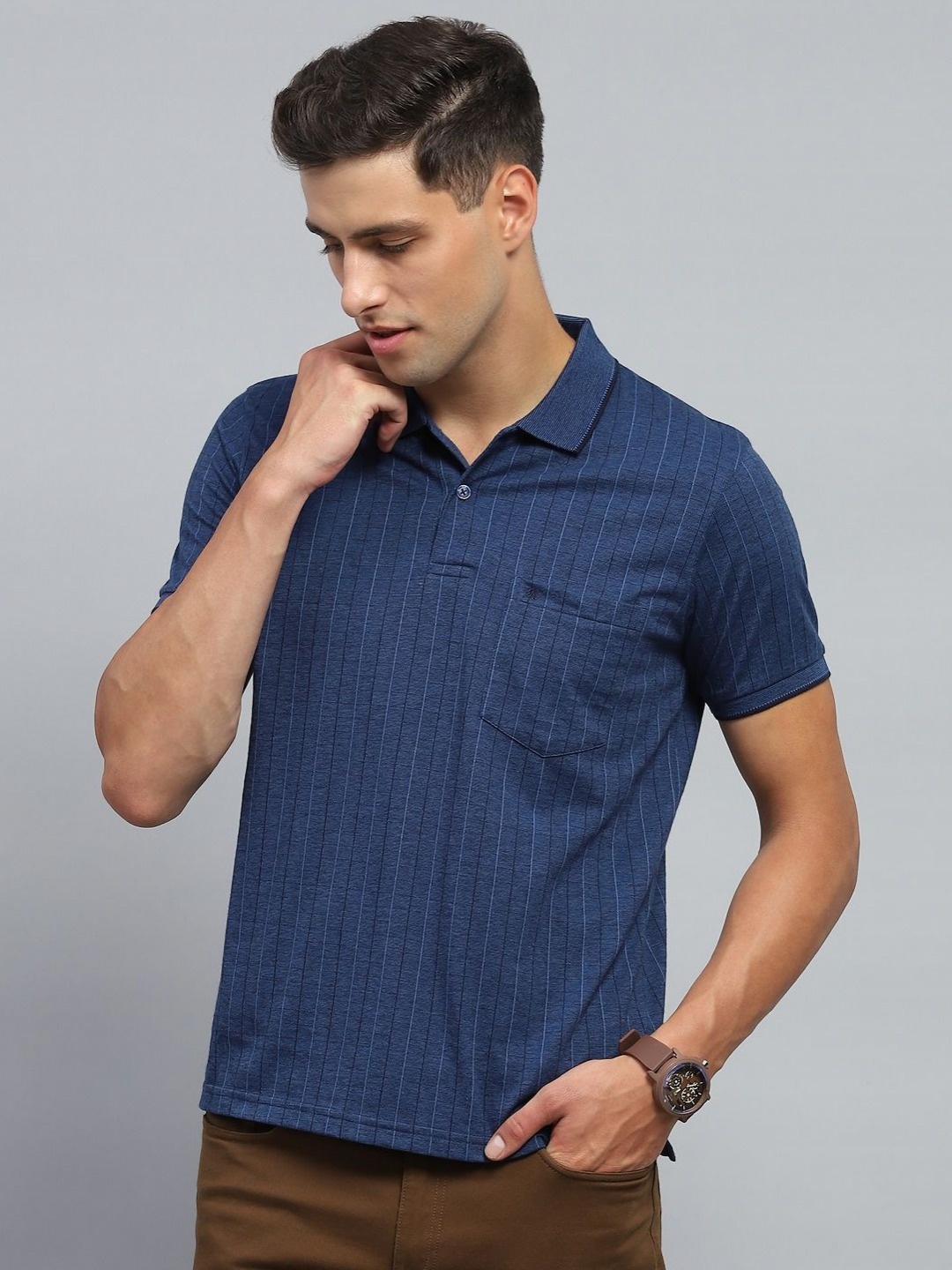 

Monte Carlo Men Striped Polo Collar Cotton T-shirt, Blue