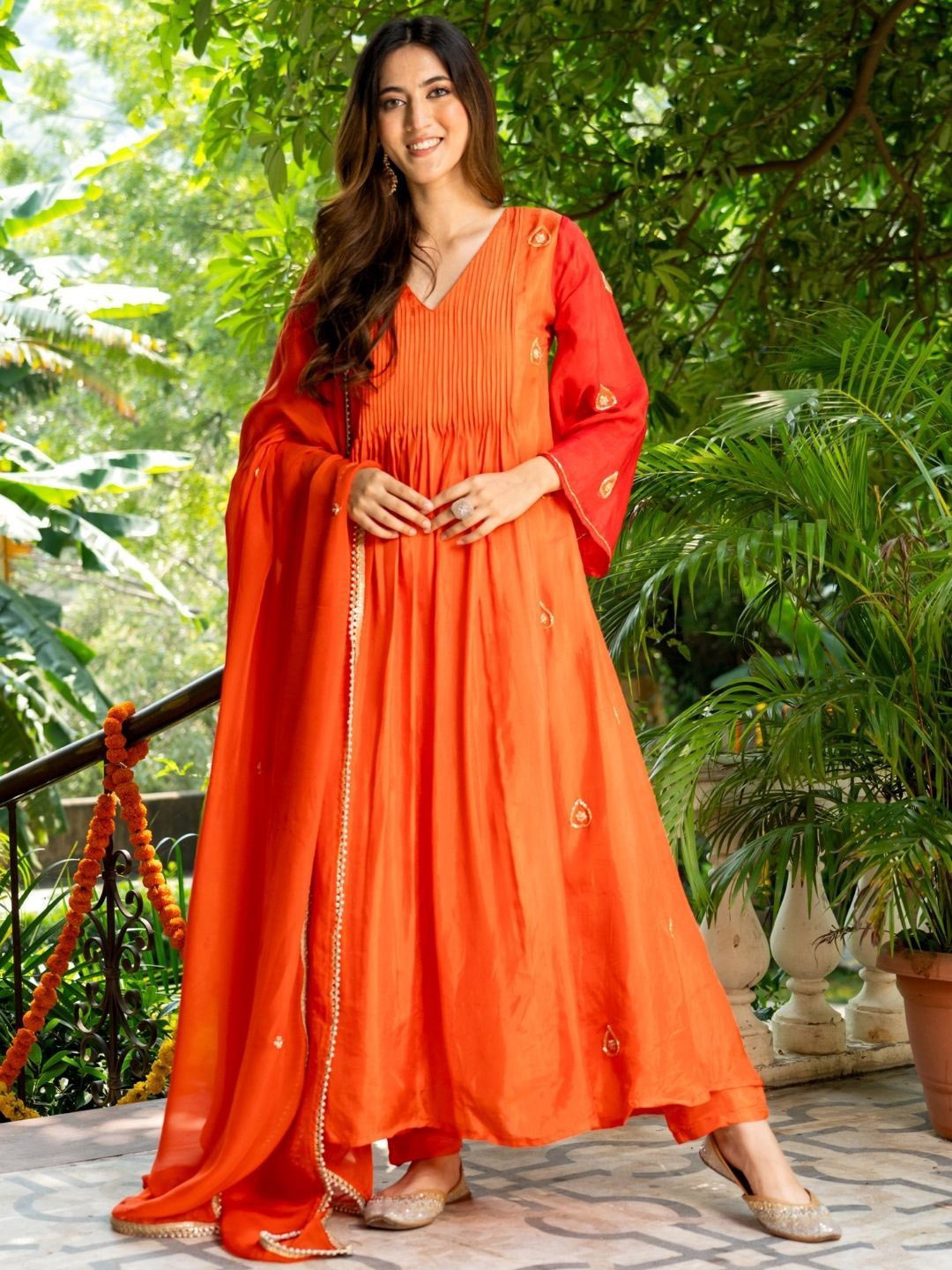

HOUSE OF JAMOTI Floral Embroidered Empire Kurta With Trousers & Dupatta, Orange