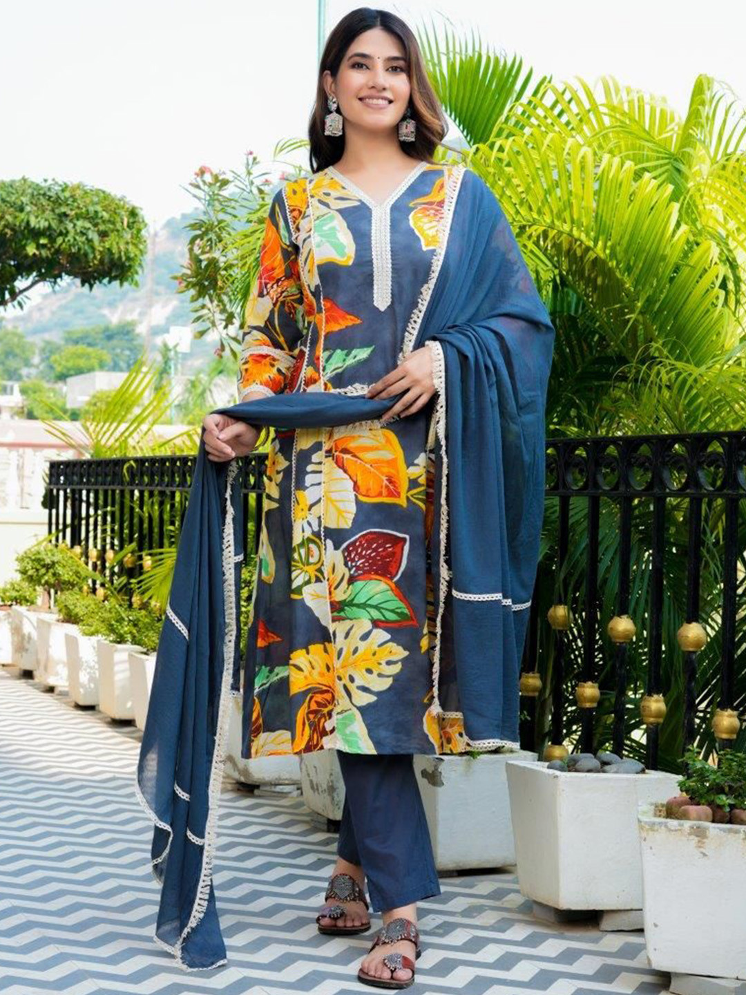 

ZOYOTO Floral Printed V-Neck Gotta Patti Pure Cotton A-Line Kurta With Trousers & Dupatta, Blue