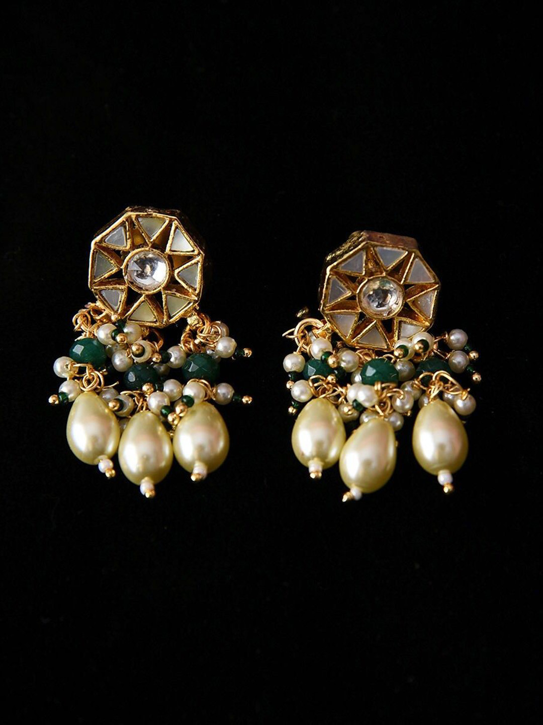 

JAYPORE Gold Plated Kundan Studded Contemporary Drop Earrings