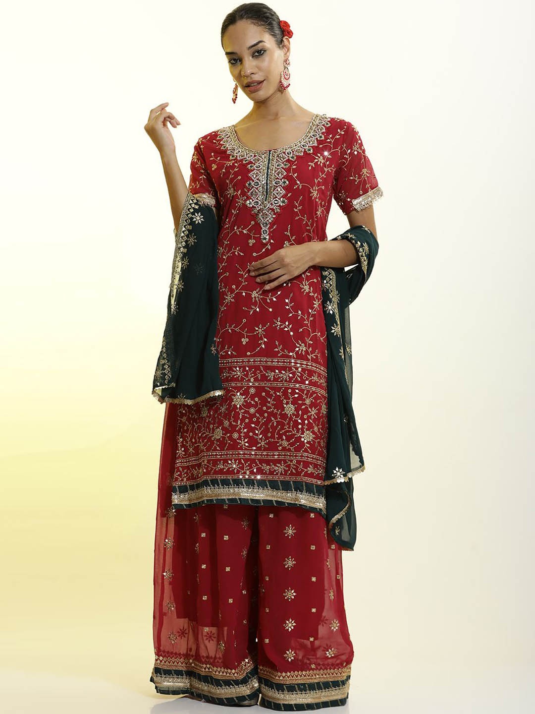 

Jaipur Kurti Festive Embroidered Georgette Kurta With Palazzo And Dupatta, Red