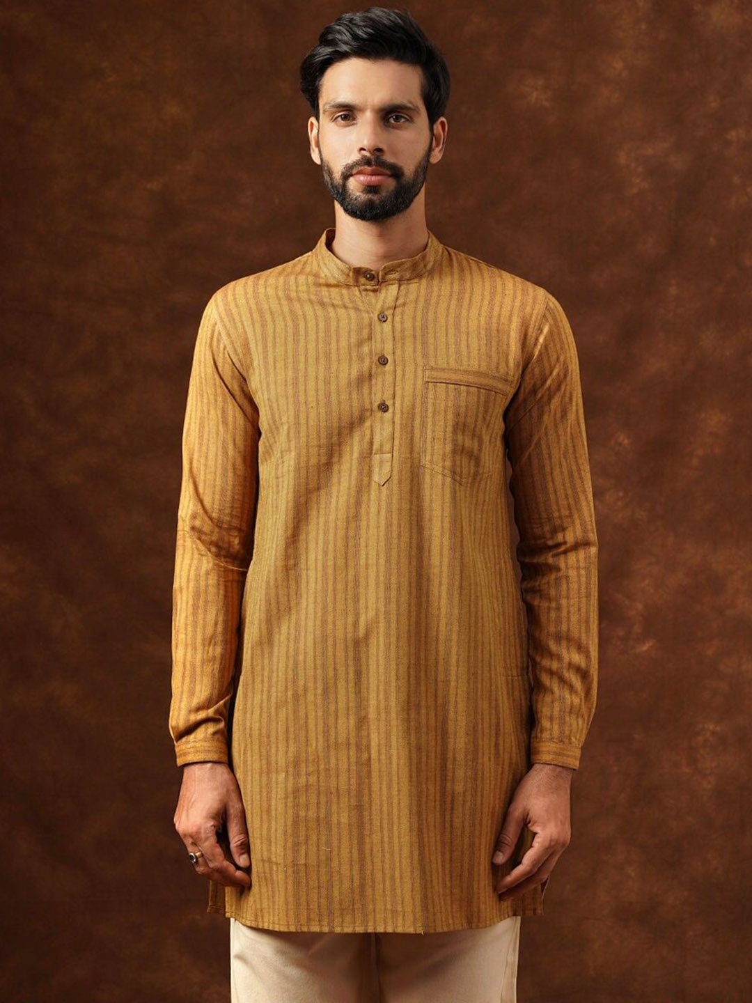 

JAYPORE Striped Woven Design Band Collar Cuffed Sleeves Pure Cotton Straight Kurta, Mustard