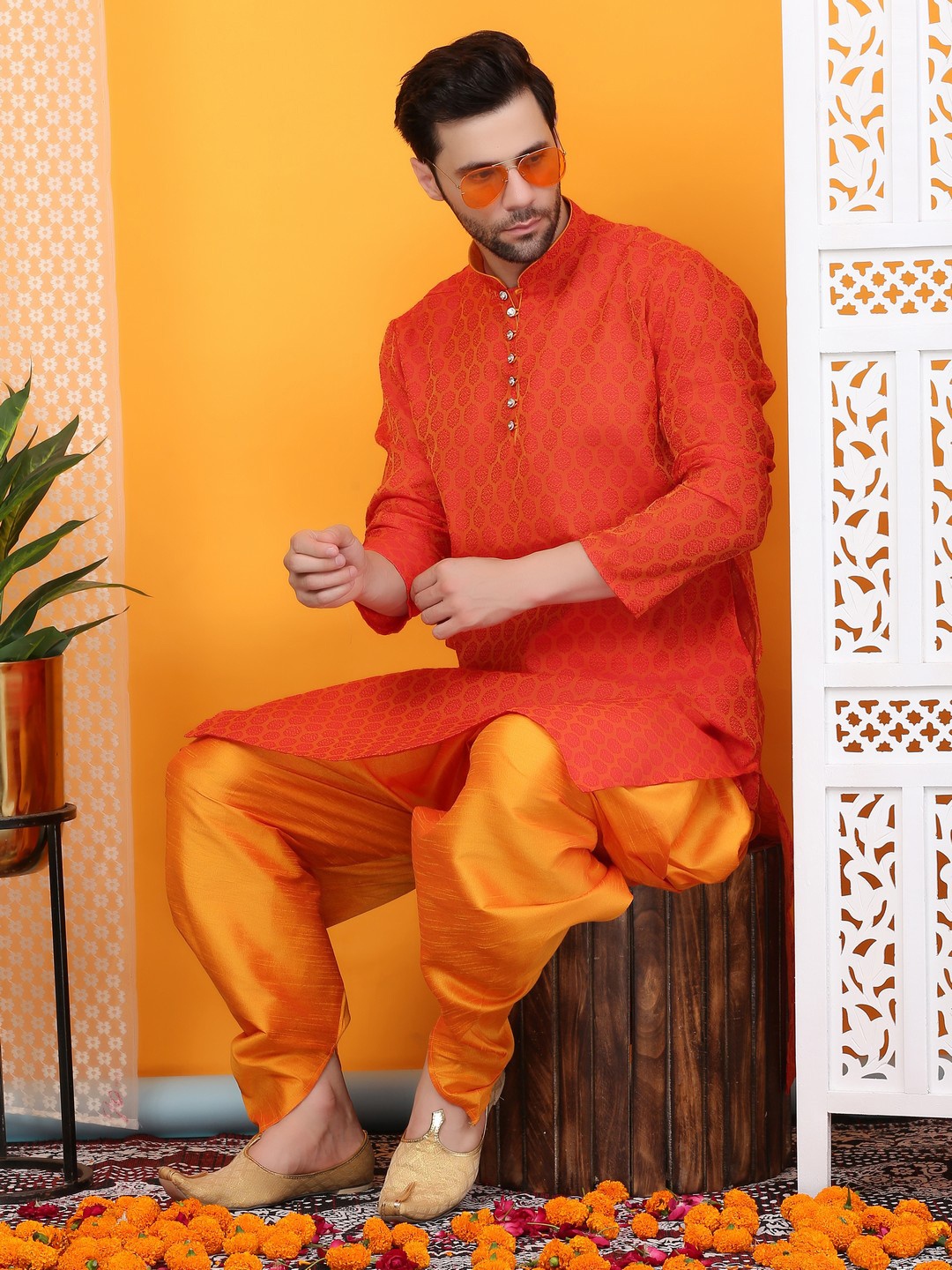 

Sydney Heights Ethnic Motifs Woven Design Jacquard Weave Straight Kurta with Dhoti Pants, Orange