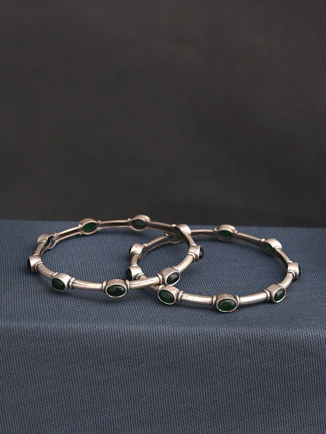 

JAYPORE Set Of 2 Oxidized Stone-Studded Bangles, Silver