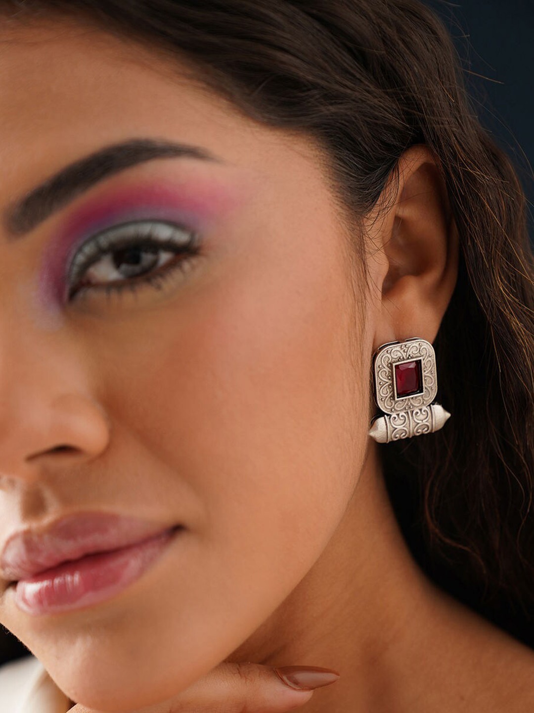 

JAYPORE Silver Plated Stone Studded Contemporary Studs