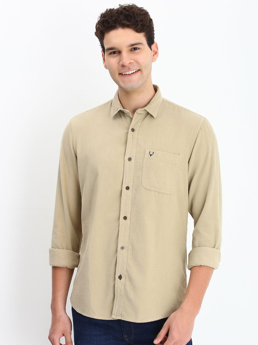 

Allen Solly Men Custom Spread Collar Solid Cotton Casual Shirt, Khaki