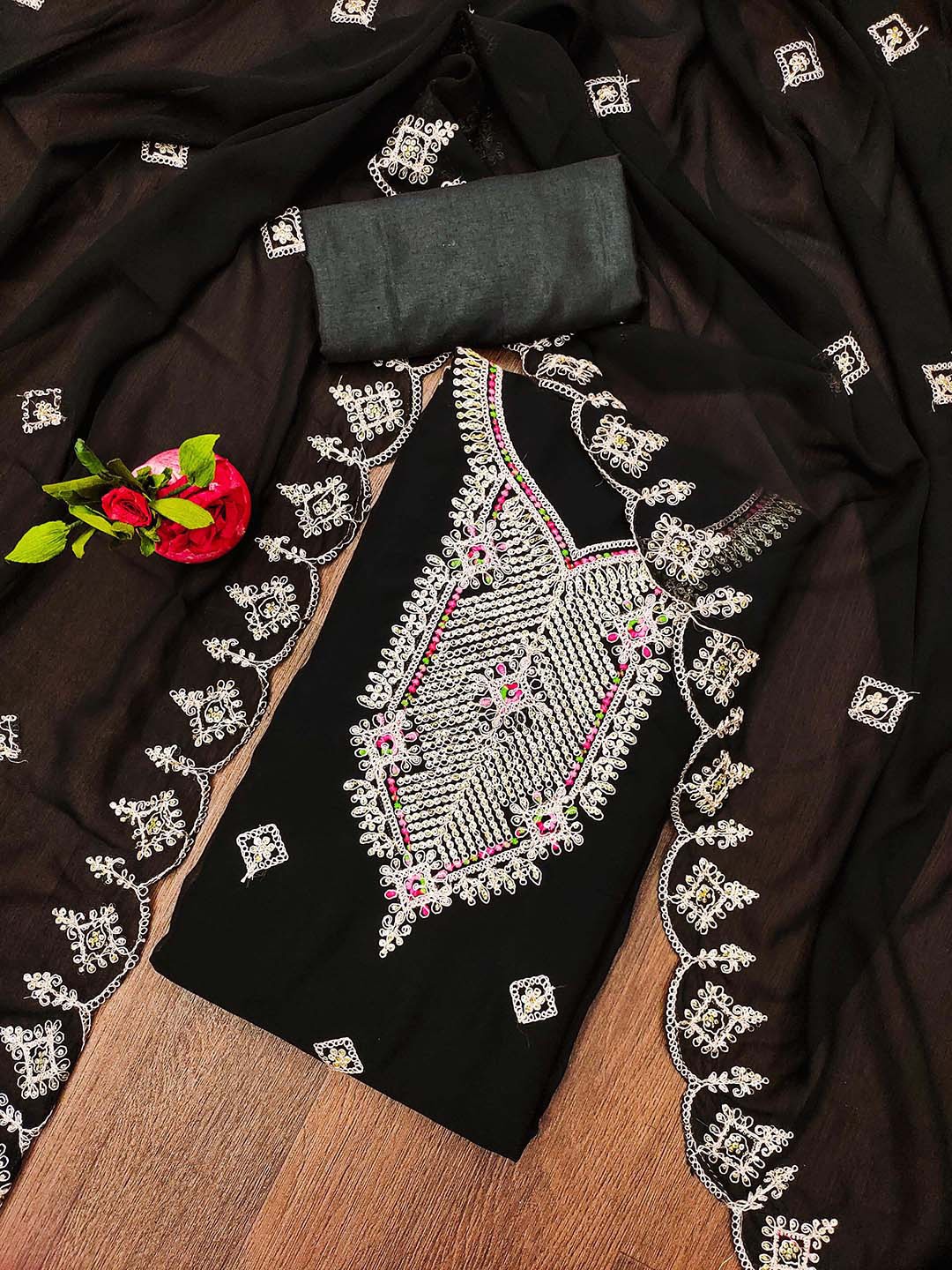 

Maroosh Geometric Embellished Silk Georgette Unstitched Dress Material, Black
