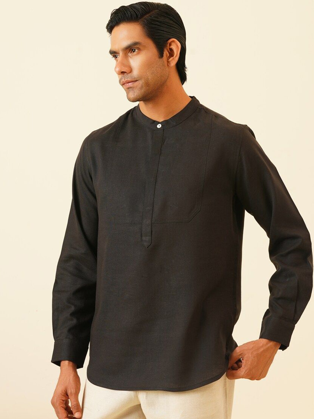 

JAYPORE Band Collar Pure Cotton Straight Kurta, Black