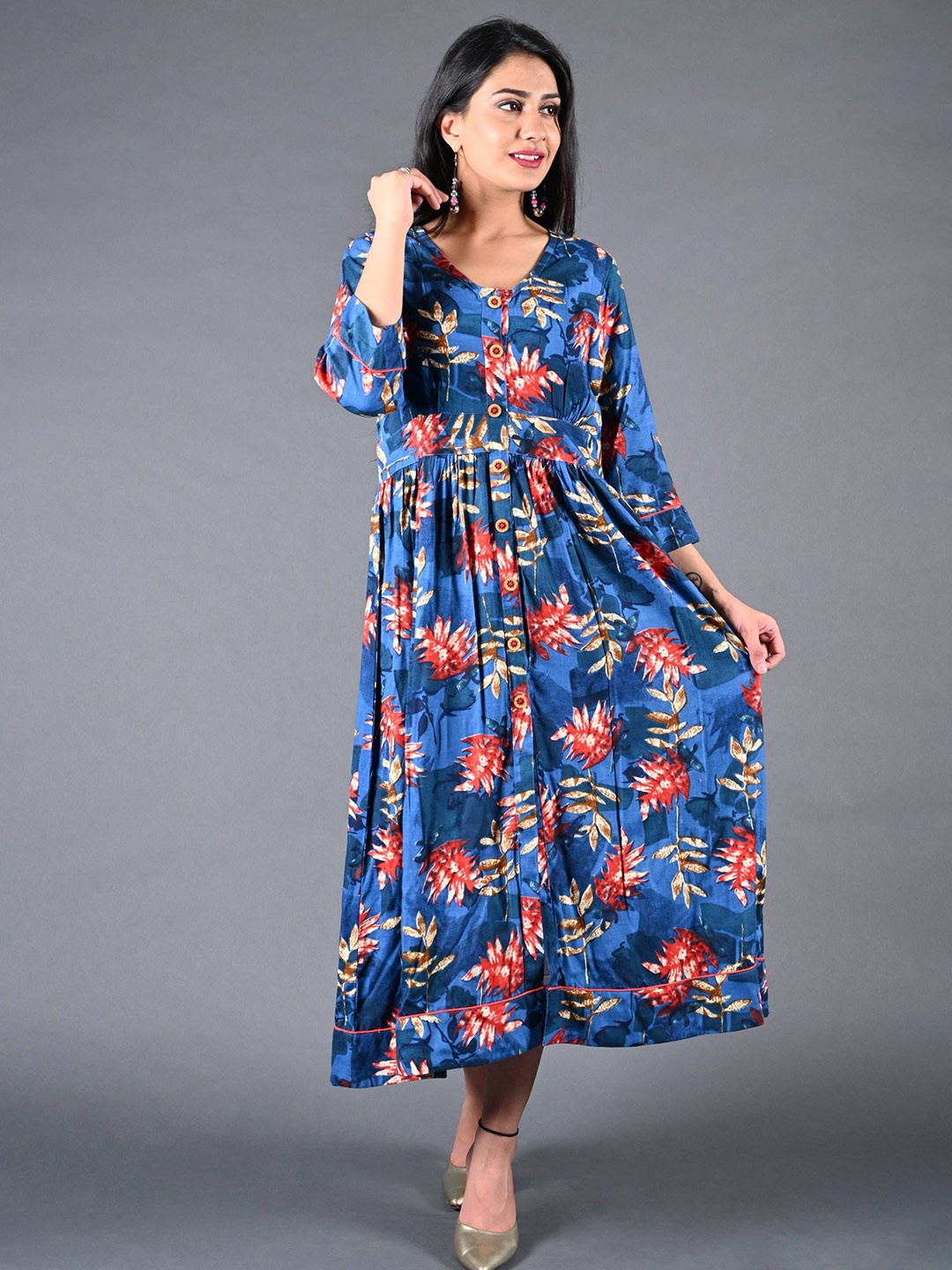 

Sajke Printed V- Neck Ethnic Dresses, Blue