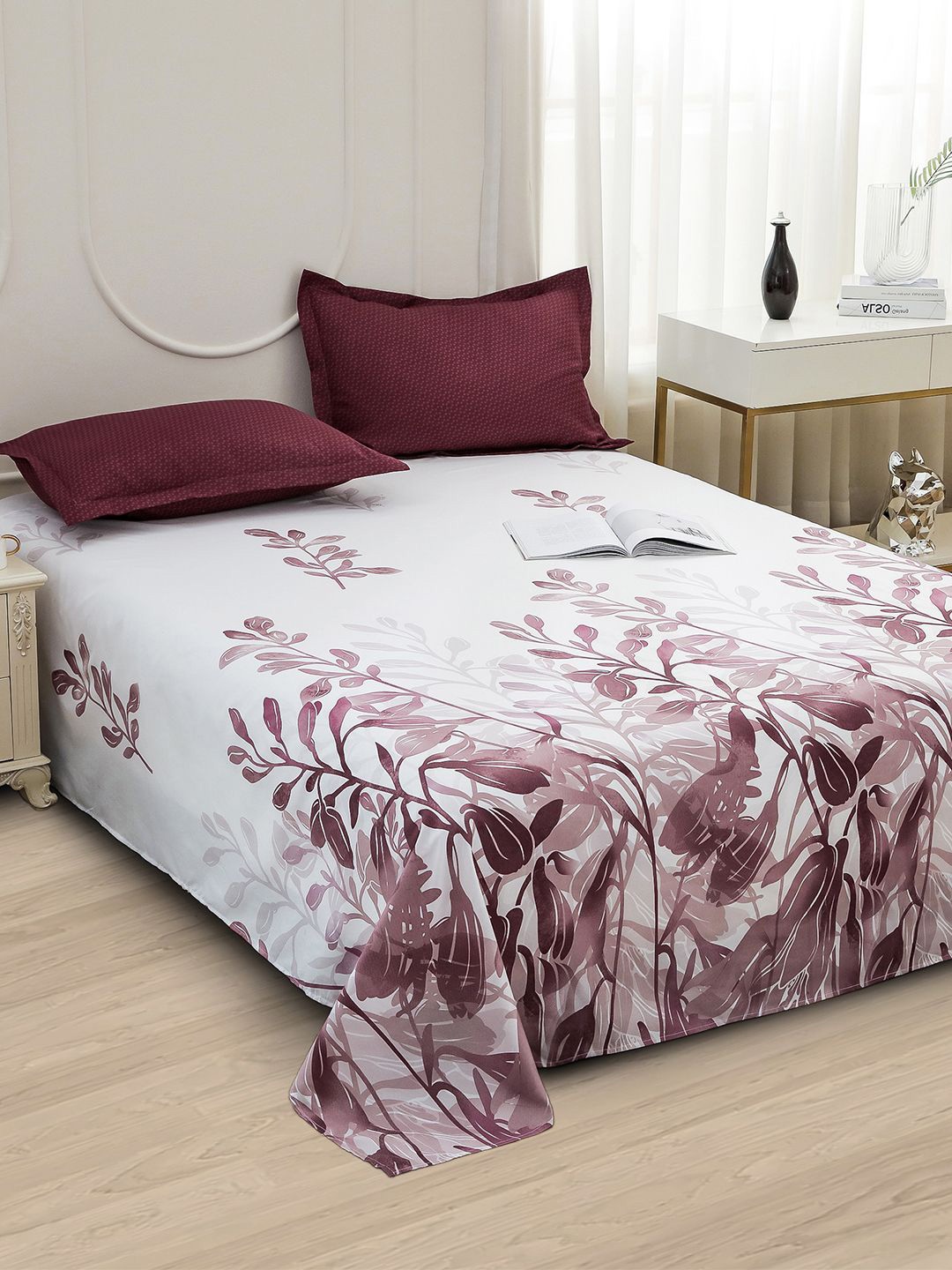 

Story@home White Floral Printed 240 TC Satin Finish Queen Bedsheet Set