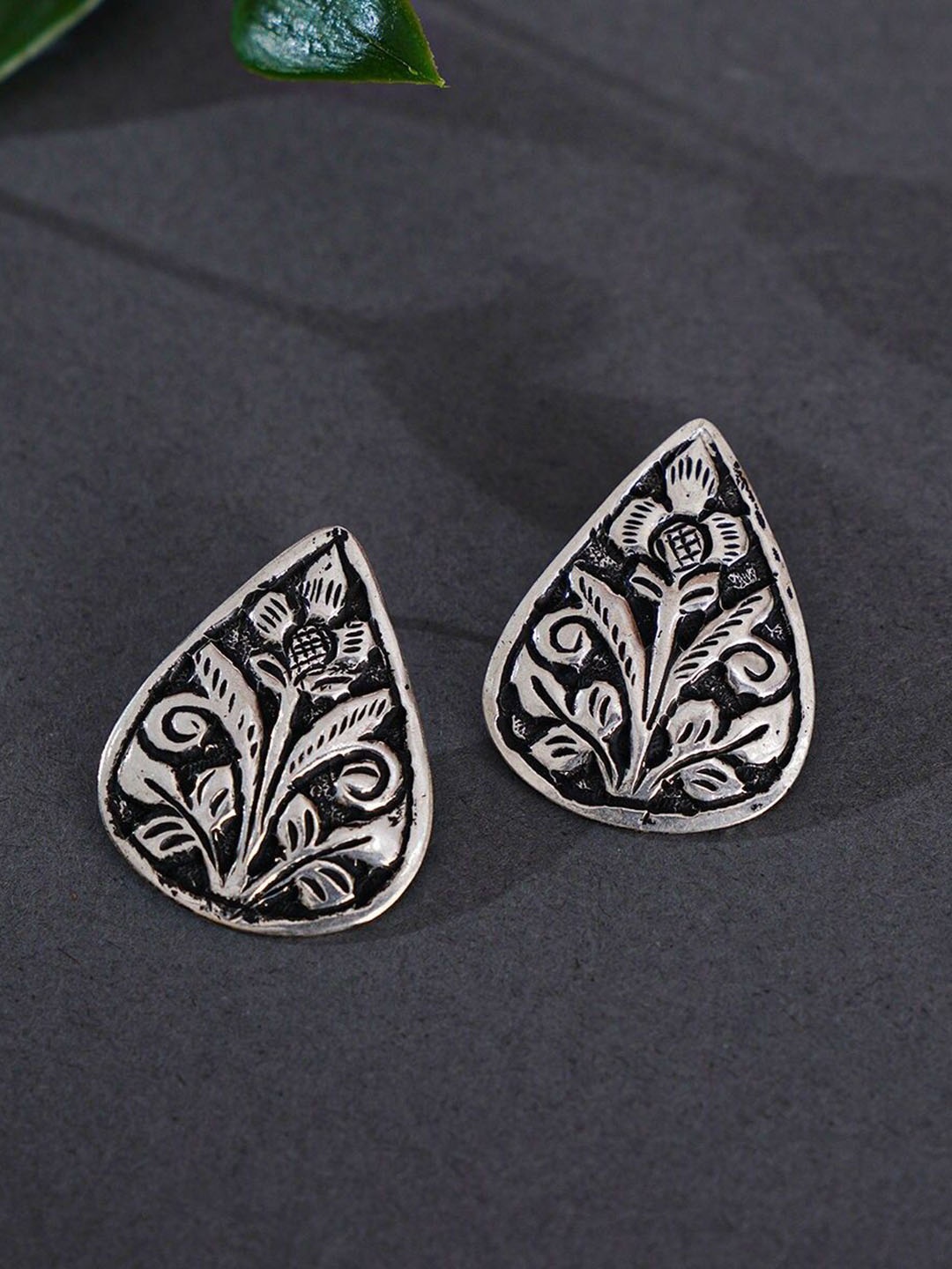 

JAYPORE Silver Oxidised Teardrop Shaped Drop Earrings