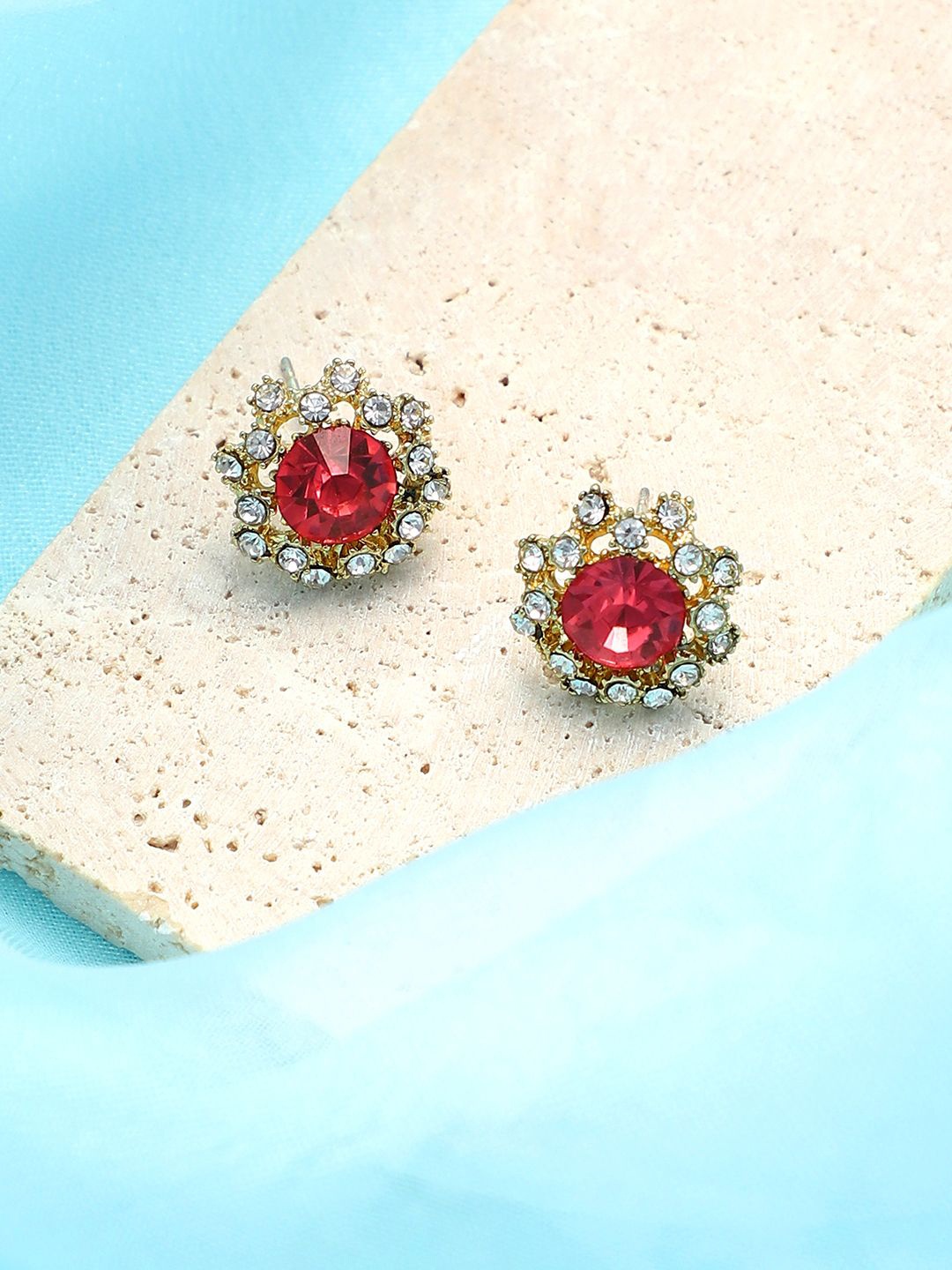 

SOHI Gold-Plated Contemporary Stones Studded Earrings, Red