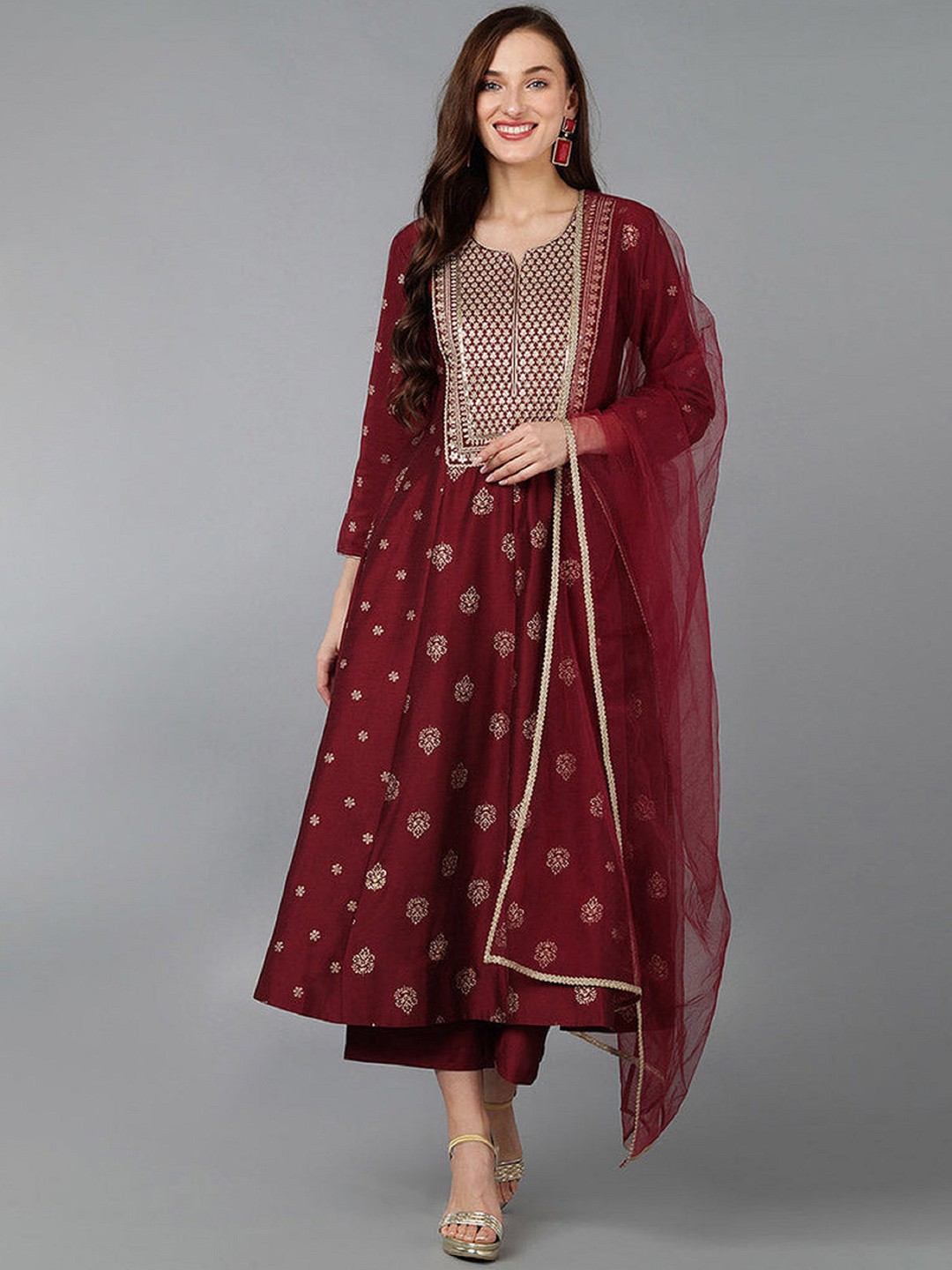 

MAHALASA Women Ethnic Motifs Embroidered Regular Kurta with Palazzos & With Dupatta, Maroon
