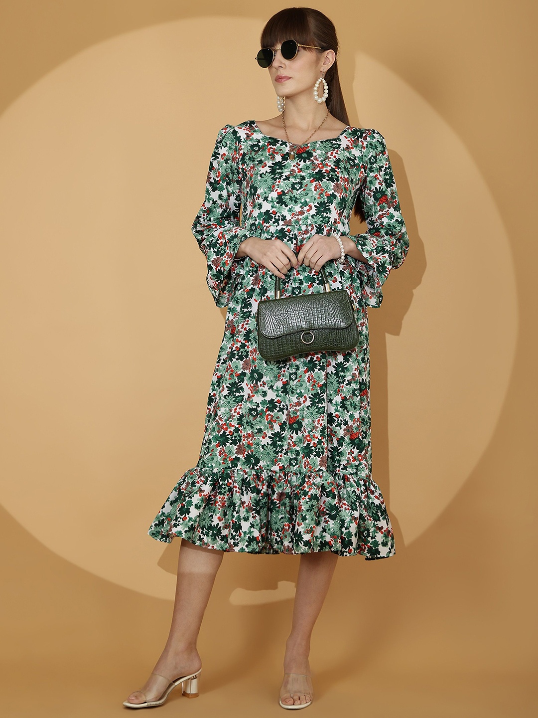 

SHEETAL Associates Women Floral Printed Flared Sleeve Fit & Flare Midi Dress, Multi