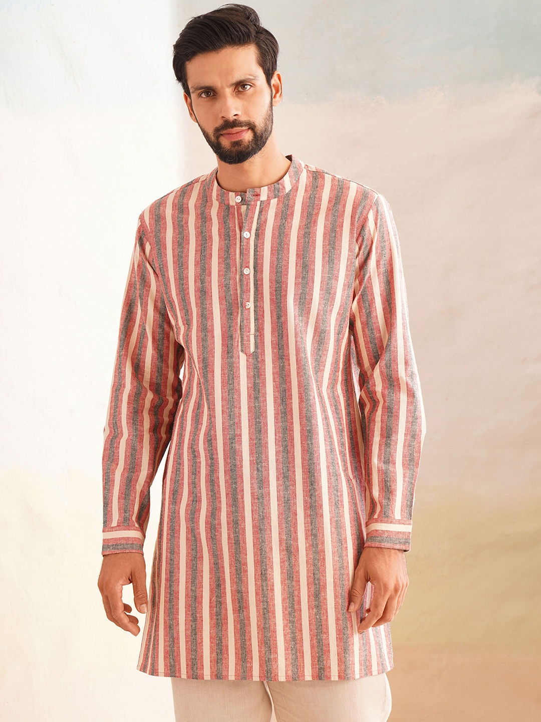 

JAYPORE Striped Woven Design Band Collar Linen Straight Kurta, Pink