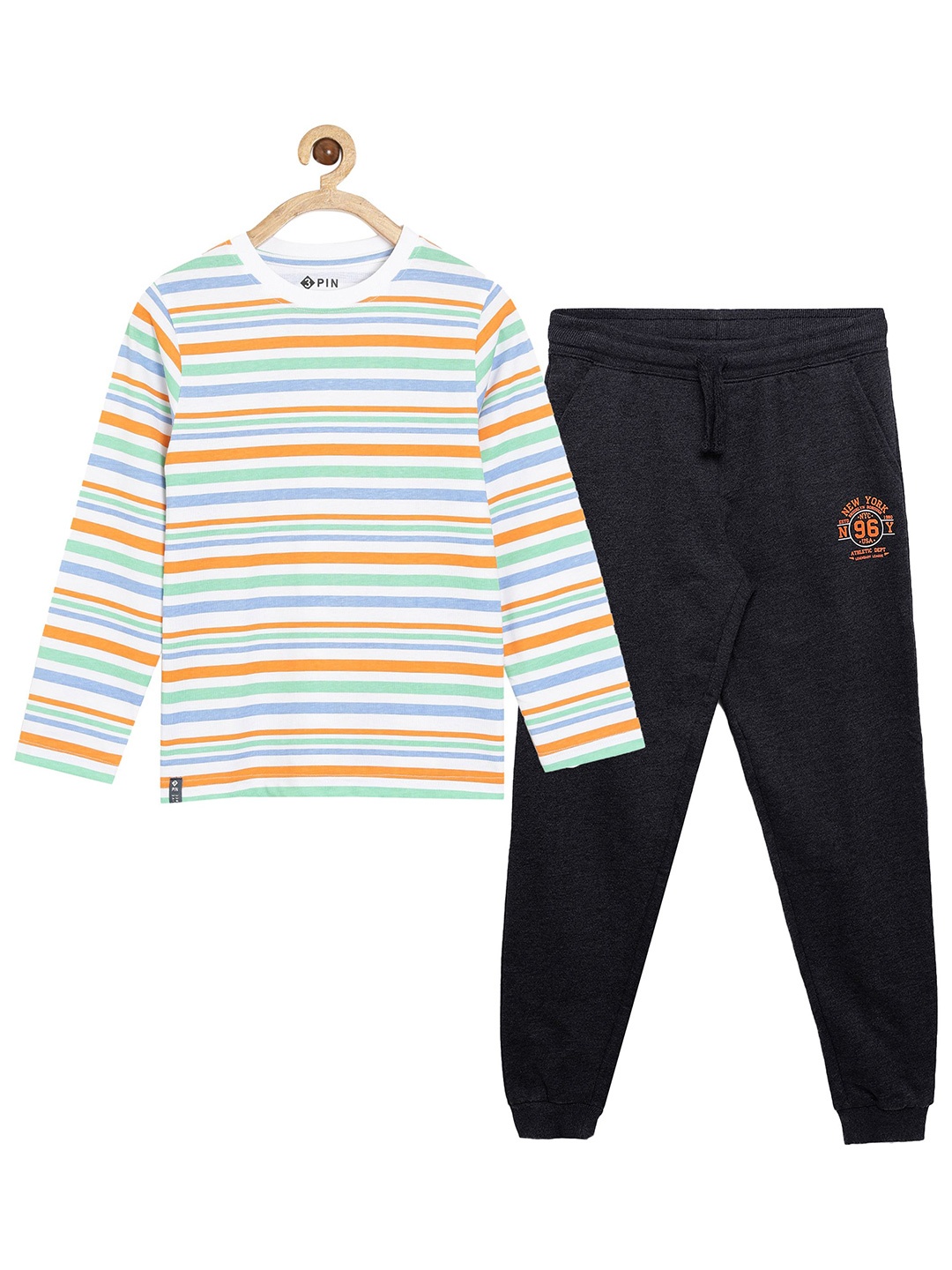 

3PIN Boys Striped Printed Pure Cotton T-shirt with Joggers Clothing Set, White