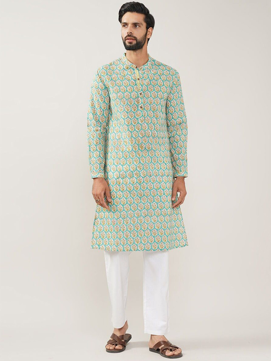 

JAYPORE Floral Printed Band Collar Neck Long Sleeves Straight Kurta, Green