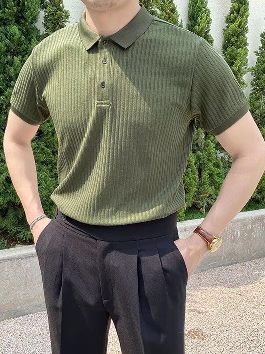 

StyleCast Men Self Design Polo Collar Slim Fit T-shirt, Olive