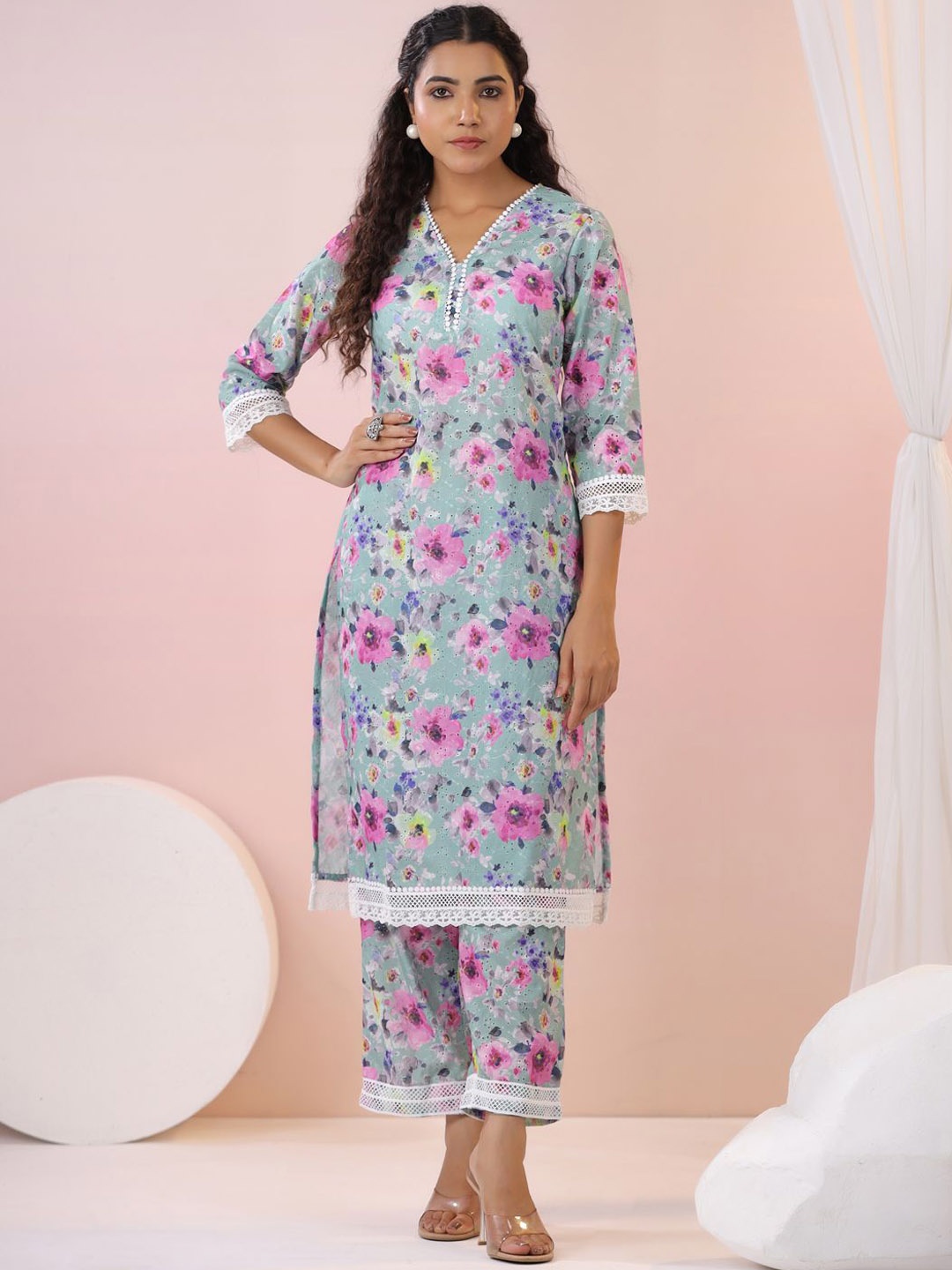 

FASHOR Floral Printed Pure Cotton Straight Kurta With Trouser, Green