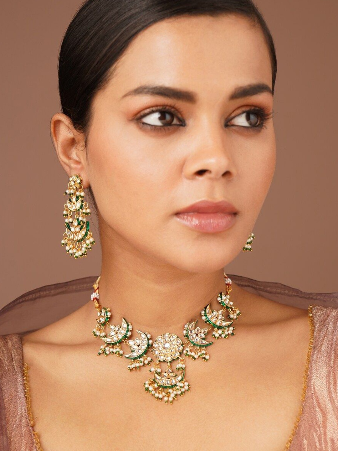 

JAYPORE Stone Studded & Beaded Necklace and Earrings, Gold