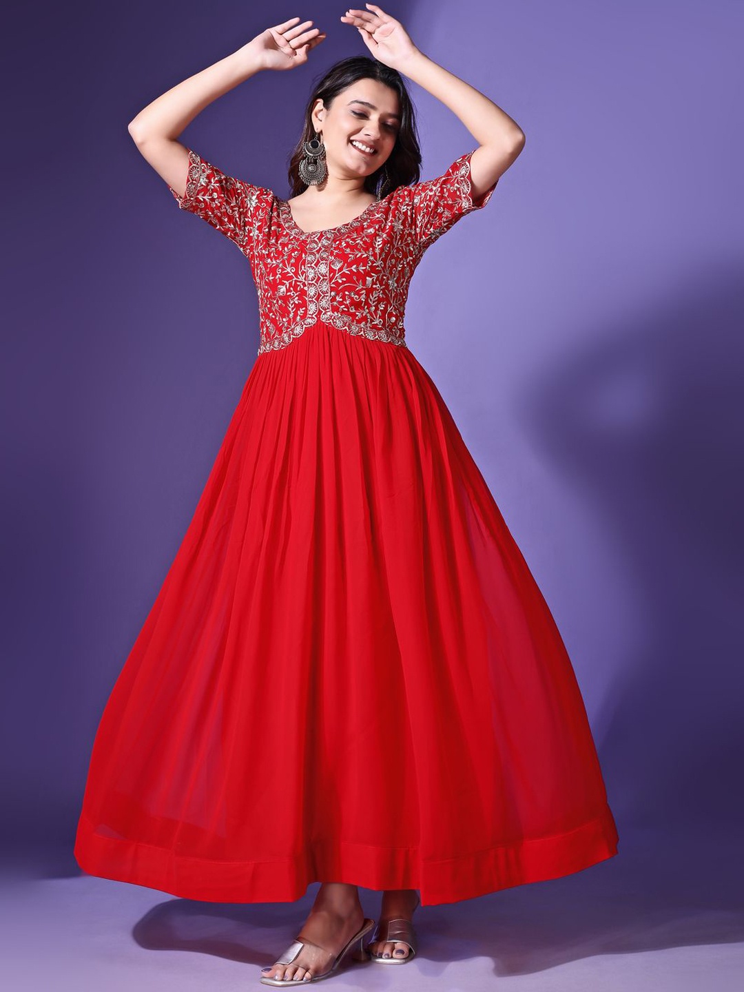 

KALINI Floral Embroidered Thread Work Georgette Fit and Flare Ethnic Dress, Red