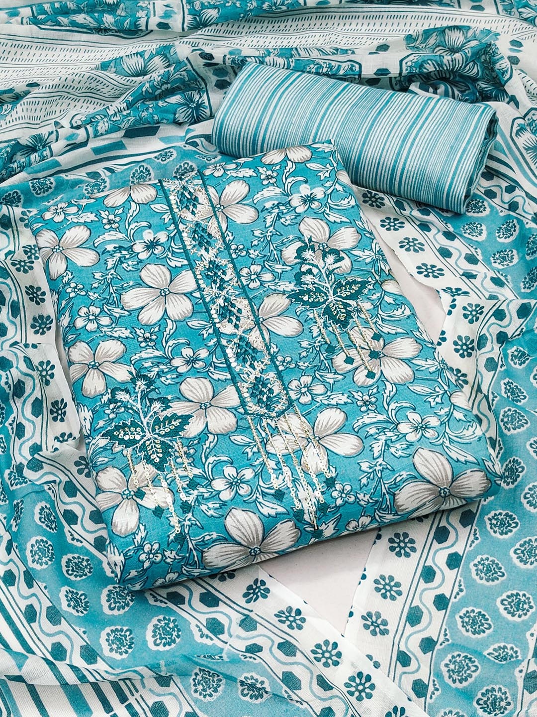 

Maroosh Floral Printed Sequinned Unstitched Dress Material, Blue